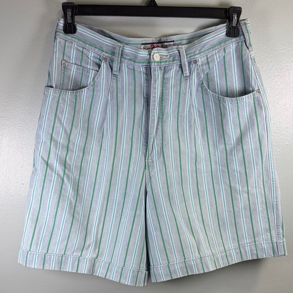 Gloria Vanderbilt Light Blue, White & Green Striped Women's Bermuda Shorts